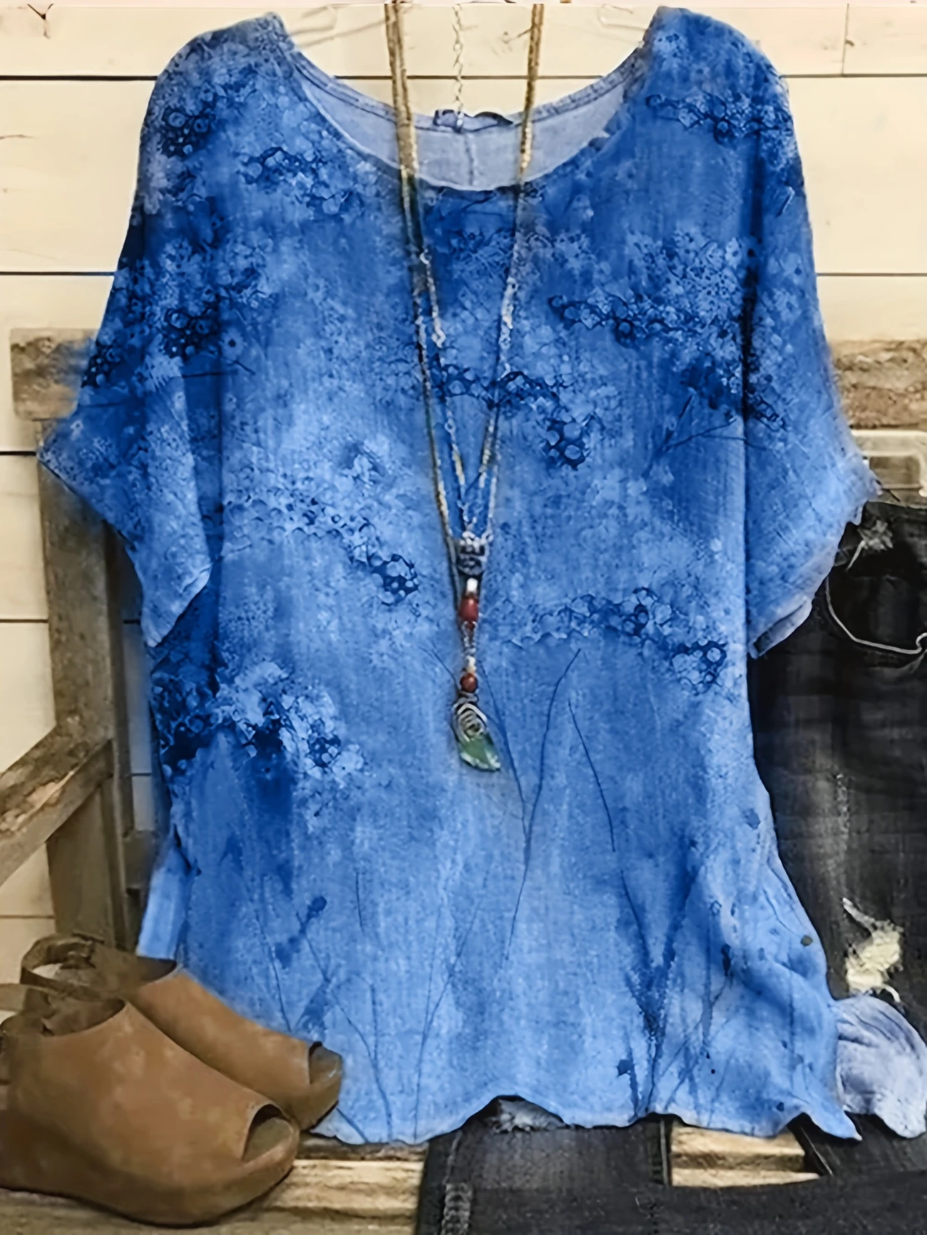 Women's Short Sleeve T-shirt Summer Blue Floral Printing Crew Neck Daily Going Out Casual Top