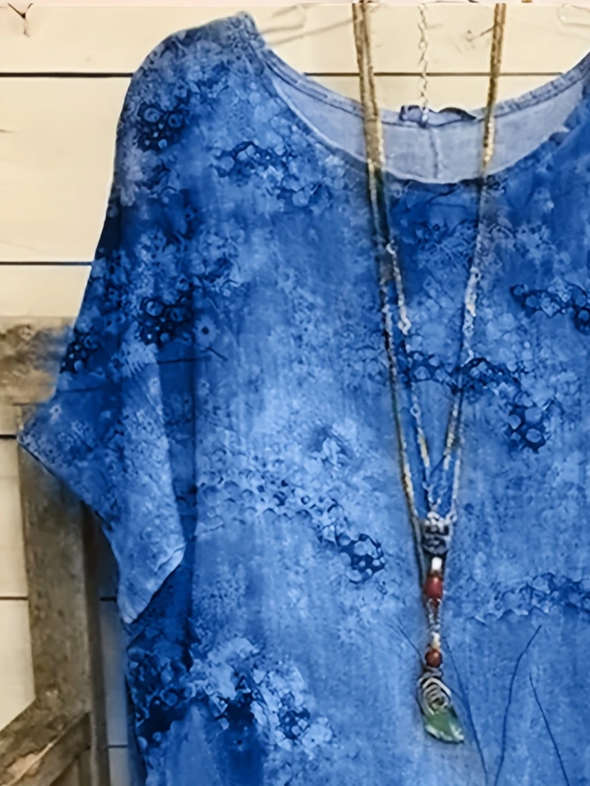 Women's Short Sleeve T-shirt Summer Blue Floral Printing Crew Neck Daily Going Out Casual Top