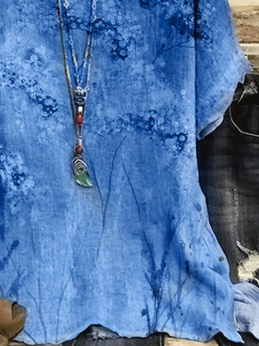 Women's Short Sleeve T-shirt Summer Blue Floral Printing Crew Neck Daily Going Out Casual Top