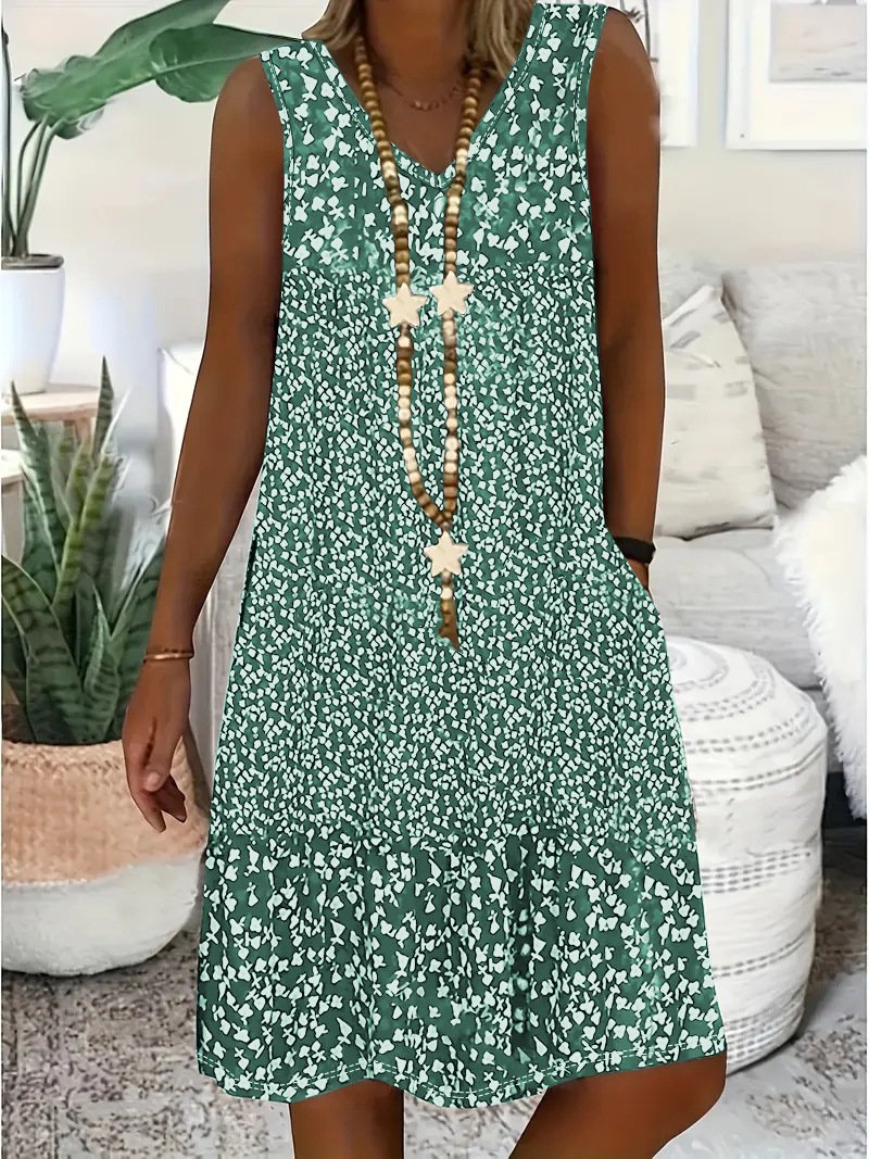 Women Floral Cotton V Neck Casual Summer Daily Midi A-Line Dress