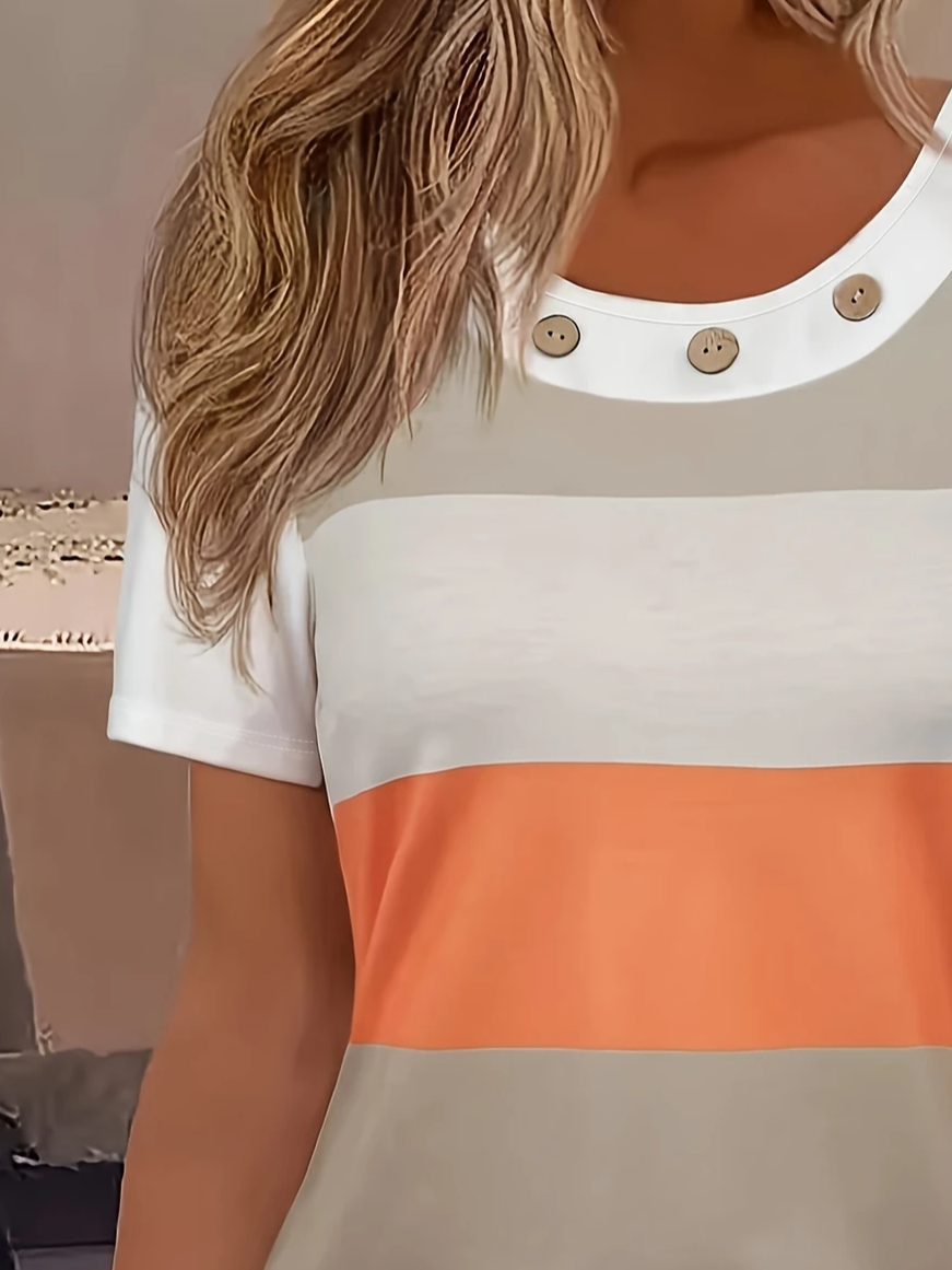 Women's Striped Printed Casual Round Neck Short Sleeve T-Shirt