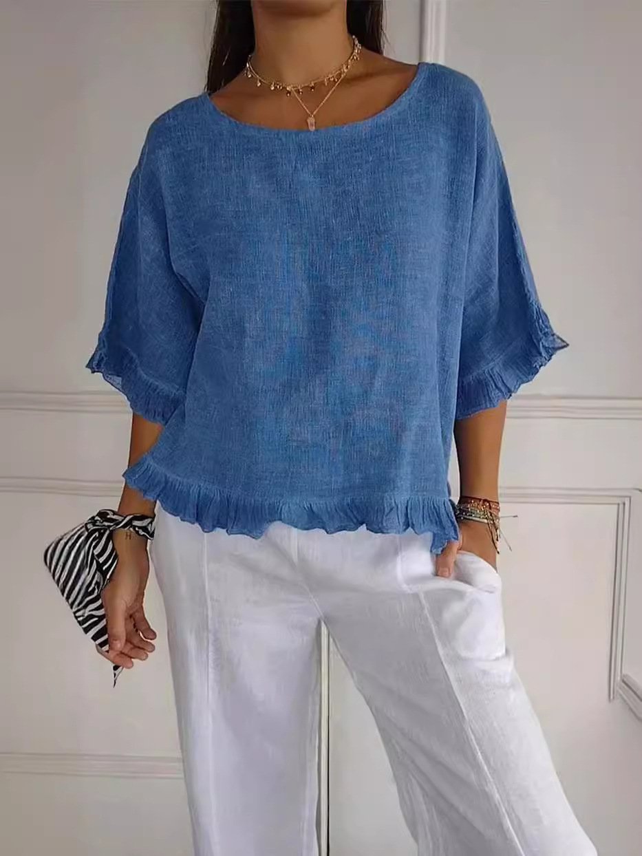 Women's Three Quarter Sleeve T-shirt Spring/Fall Apricot Plain Cotton Crew Neck Daily Going Out Casual Top