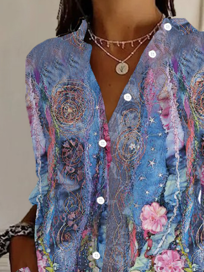 Women's Long Sleeve Shirt Spring/Fall Purple Floral Buckle Shirt Collar Daily Going Out Casual Top