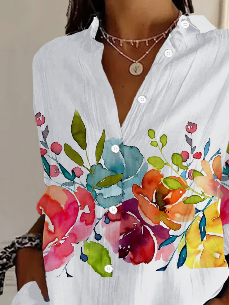 Women's Long Sleeve Shirt Spring/Fall White Floral Buckle Shirt Collar Daily Going Out Casual Top