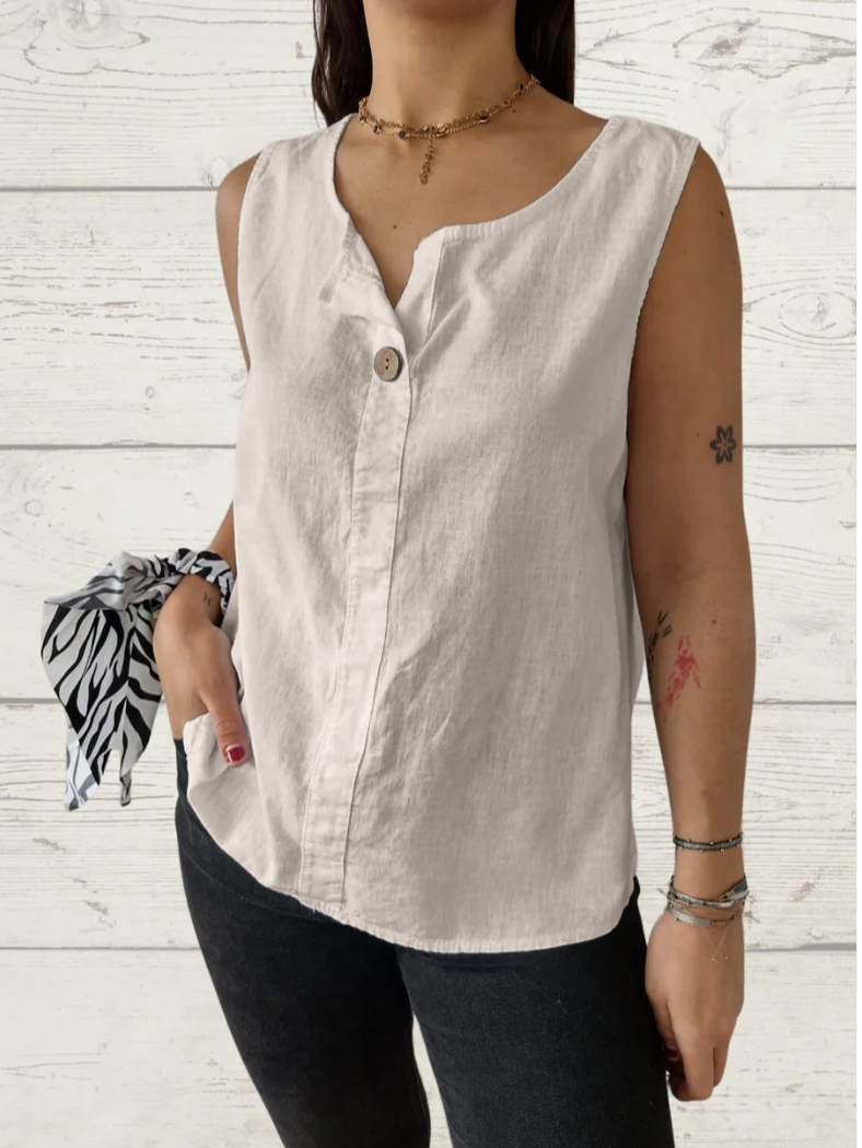European and American summer new loose solid color sleeveless vest shirt ladies V-neck cotton and linen button top