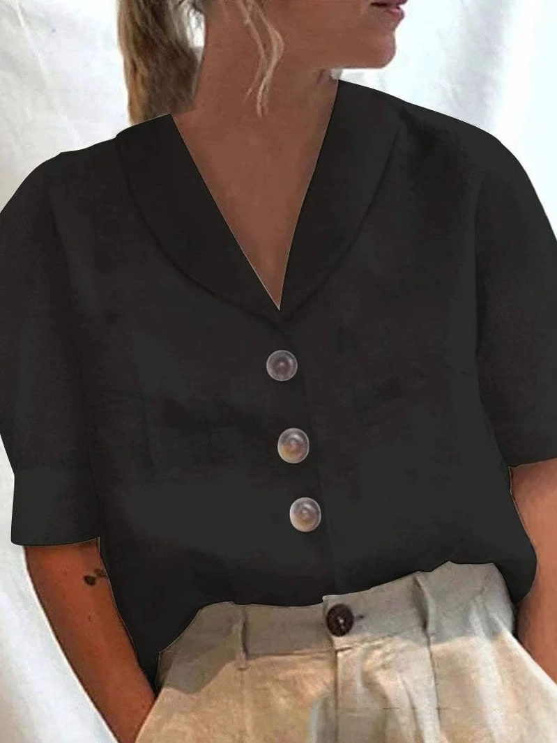 Loose Shawl Collar Color Block Linen Blouse