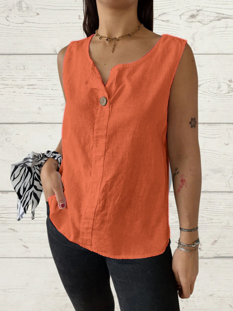 European and American summer new loose solid color sleeveless vest shirt ladies V-neck cotton and linen button top