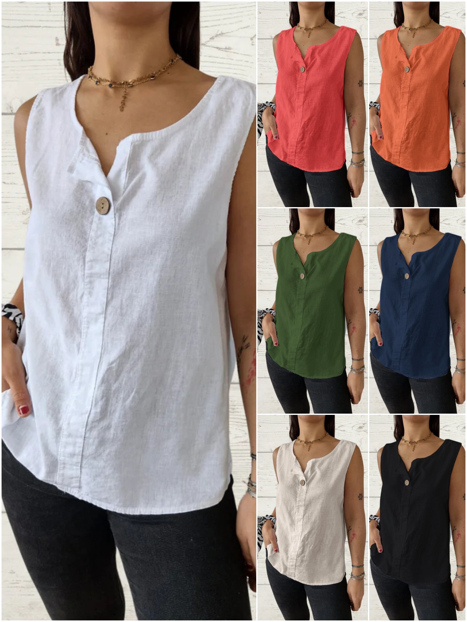 European and American summer new loose solid color sleeveless vest shirt ladies V-neck cotton and linen button top