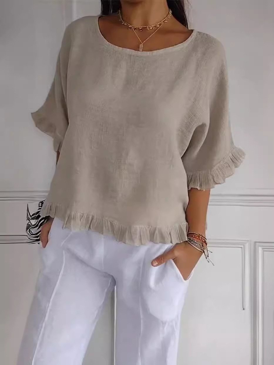 Women's Three Quarter Sleeve T-shirt Spring/Fall Apricot Plain Cotton Crew Neck Daily Going Out Casual Top