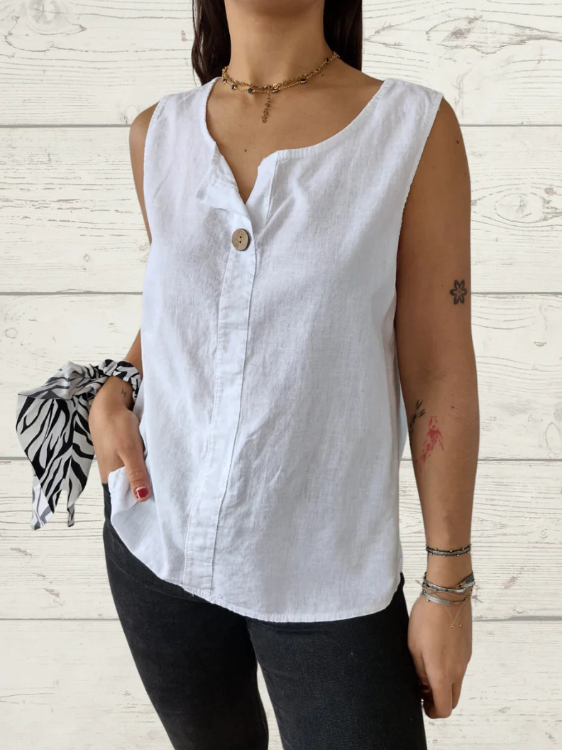 European and American summer new loose solid color sleeveless vest shirt ladies V-neck cotton and linen button top