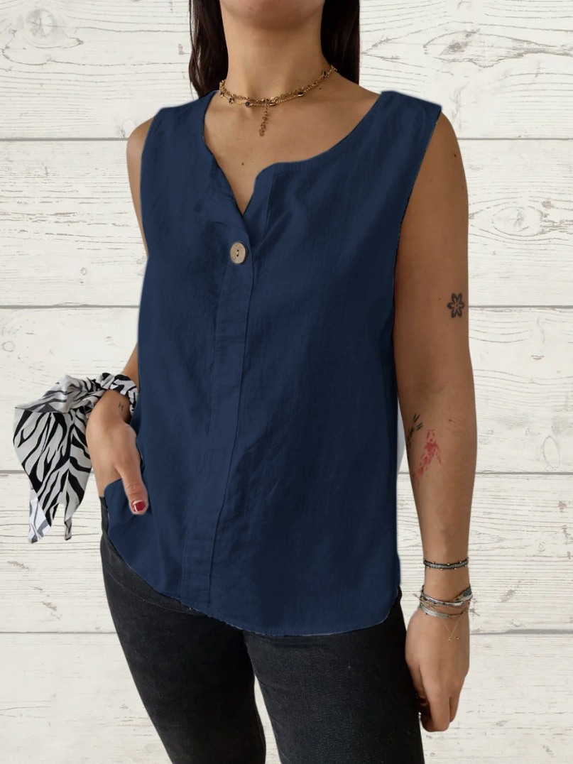 European and American summer new loose solid color sleeveless vest shirt ladies V-neck cotton and linen button top