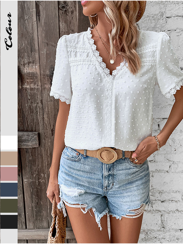 Women's Short Sleeve Shirt Summer White Polka Dots V Neck Daily Going Out Casual Top
