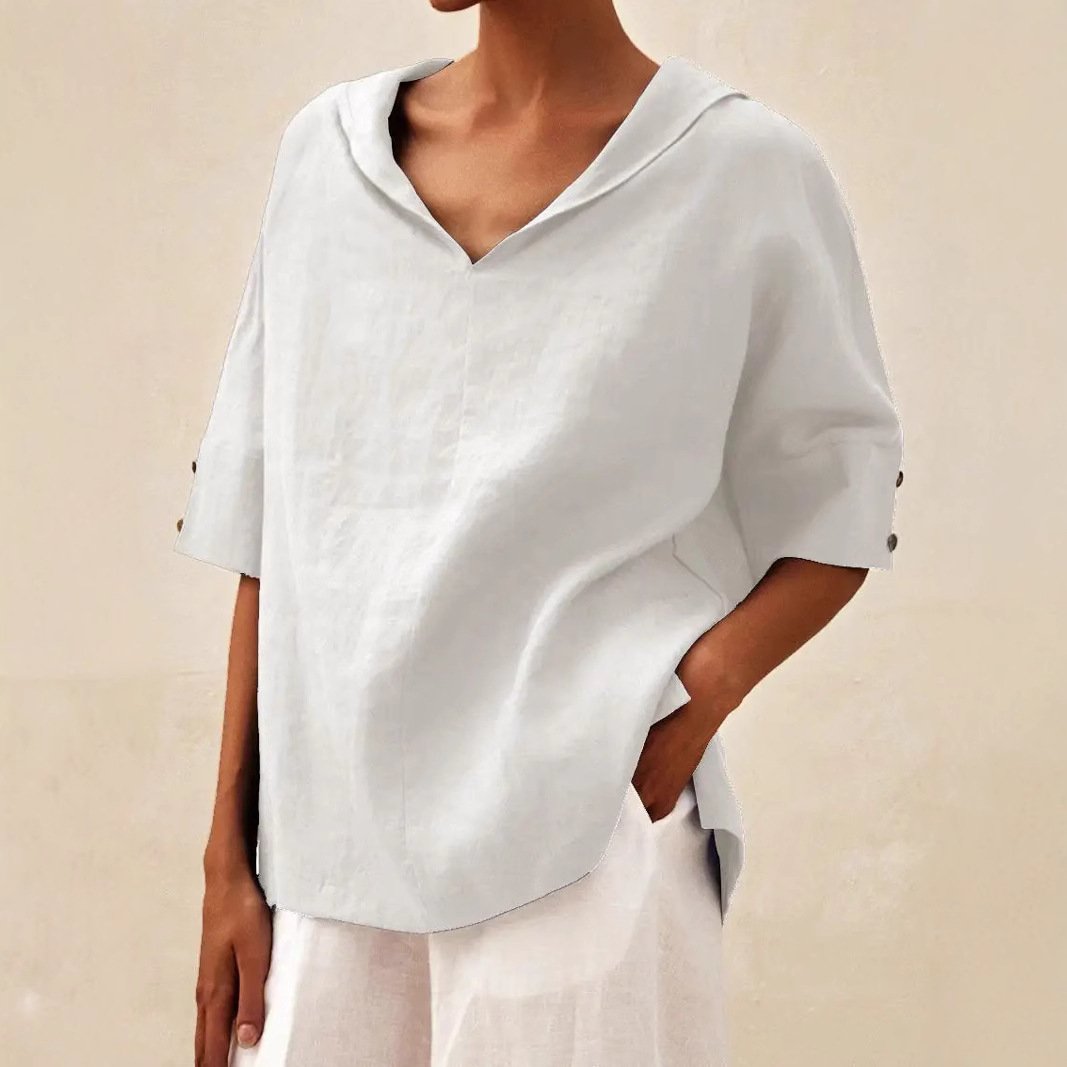 Women's Half Sleeve Blouse Summer White Plain Linen V Neck Daily Going Out Casual Top