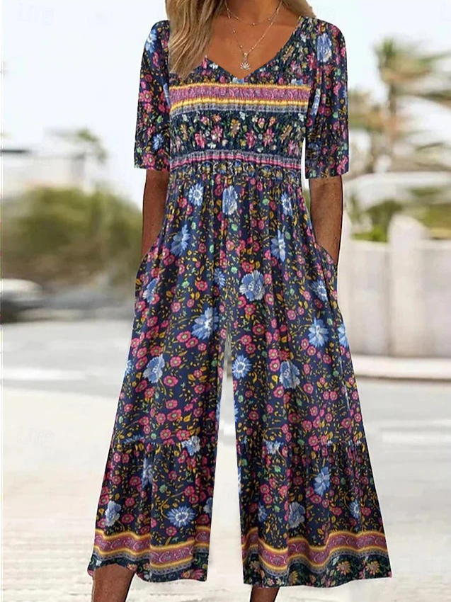 Women's H-Line V Neck Daily Going Out Casual Printing Floral Summer Ankle Pants Jumpsuit Romper