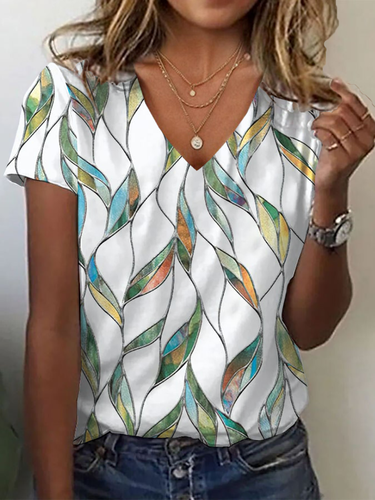 Women's Floral Print Casual V-Neck Short Sleeve T-Shirt