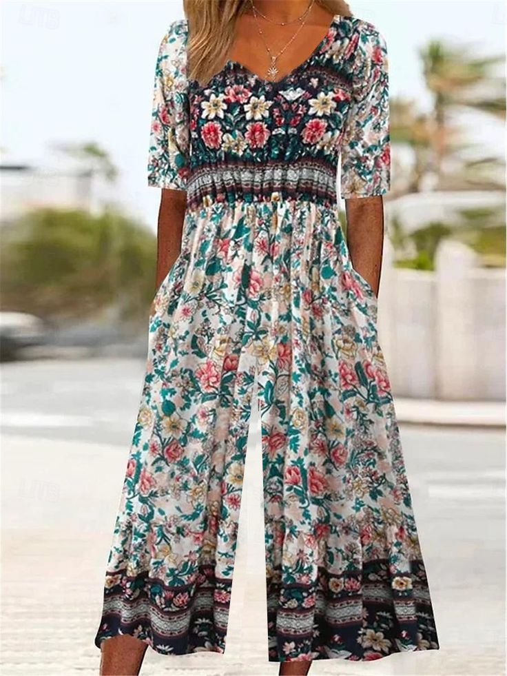 Women's H-Line V Neck Daily Going Out Casual Printing Floral Summer Ankle Pants Jumpsuit Romper