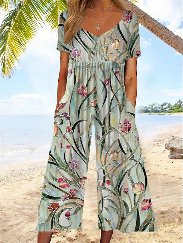 Women's H-Line V Neck Daily Going Out Casual Printing Floral Summer Ankle Pants Jumpsuit Romper