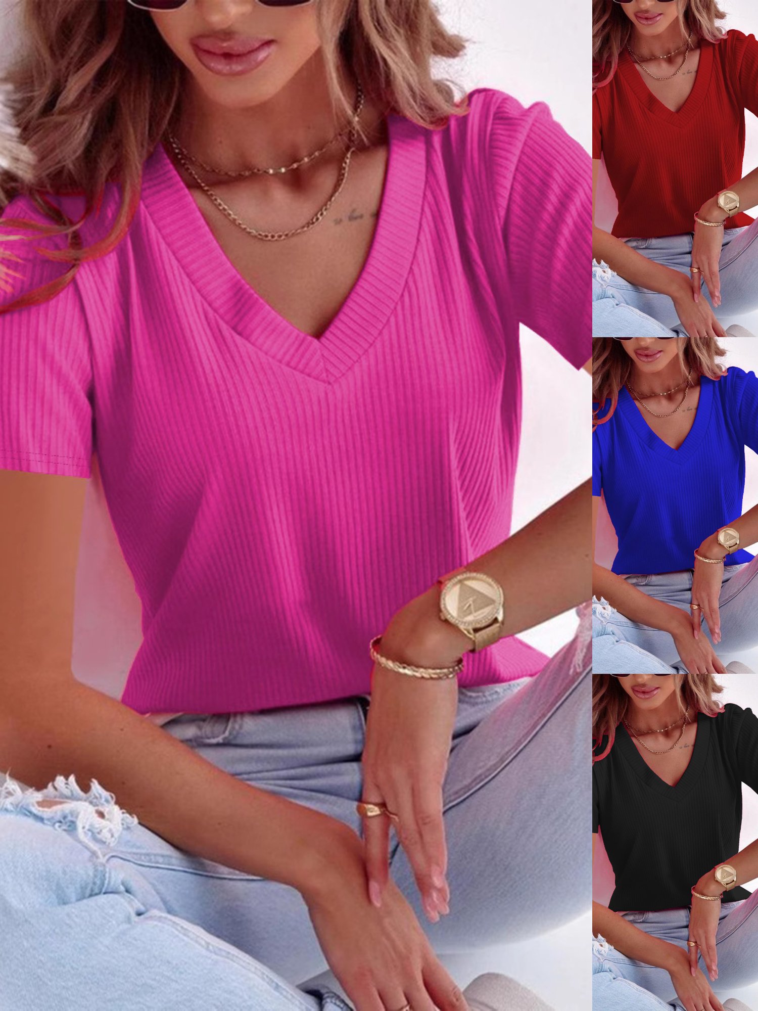 Women's Short Sleeve T-shirt Summer Black Plain V Neck Daily Going Out Casual Top