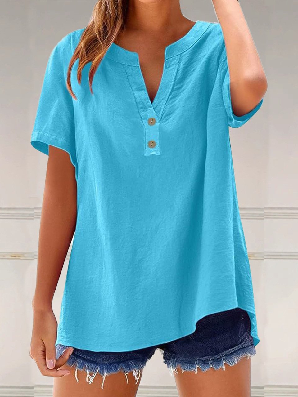 Women's Long Sleeve Shirt Spring/Fall Lake Blue Plain Linen Blend V Neck Daily Going Out Casual Top