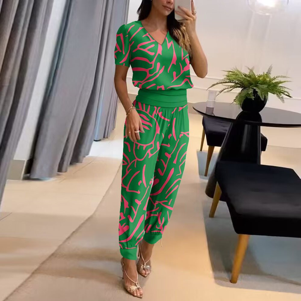 Women's Plain Daily Going Out Two-Piece Set darkgreen Casual Summer Top With Pants Matching Set