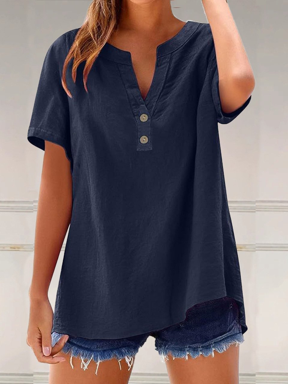 Women's Long Sleeve Shirt Spring/Fall Lake Blue Plain Linen Blend V Neck Daily Going Out Casual Top