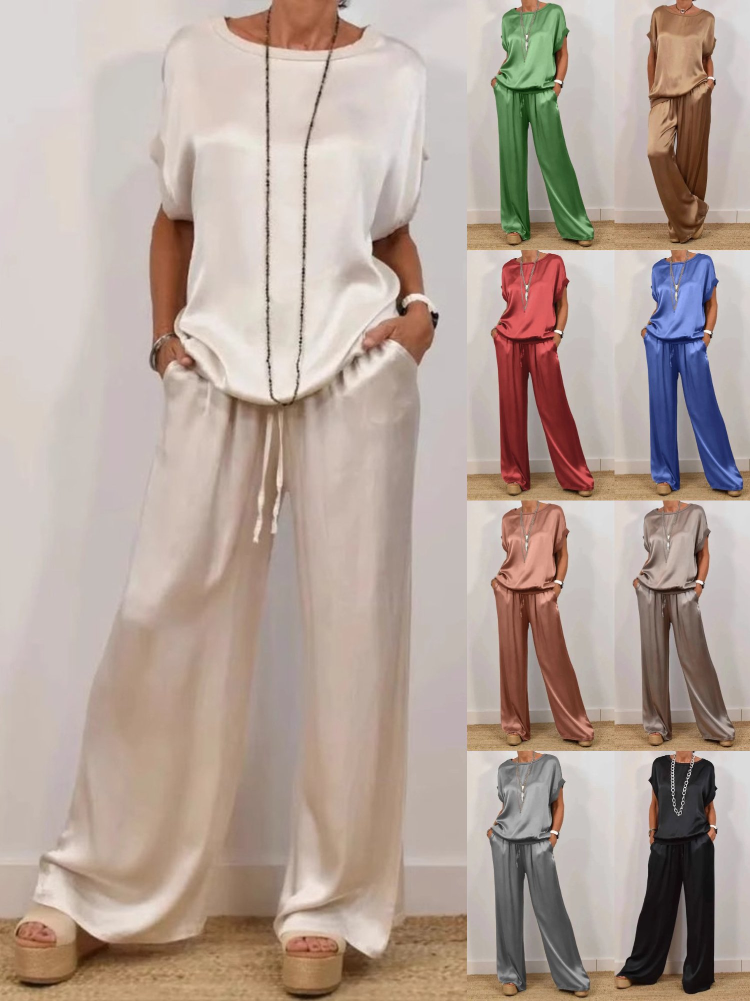 Women's Plain Daily Going Out Two-Piece Set White Casual Summer Top With Pants Matching Set