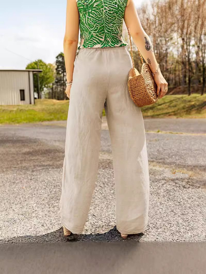 Women's Harem Pants Daily Outing Pants Pocket Elastic Waist Khaki Casual Solid Color Wide Leg Cotton Linen Loose Pants