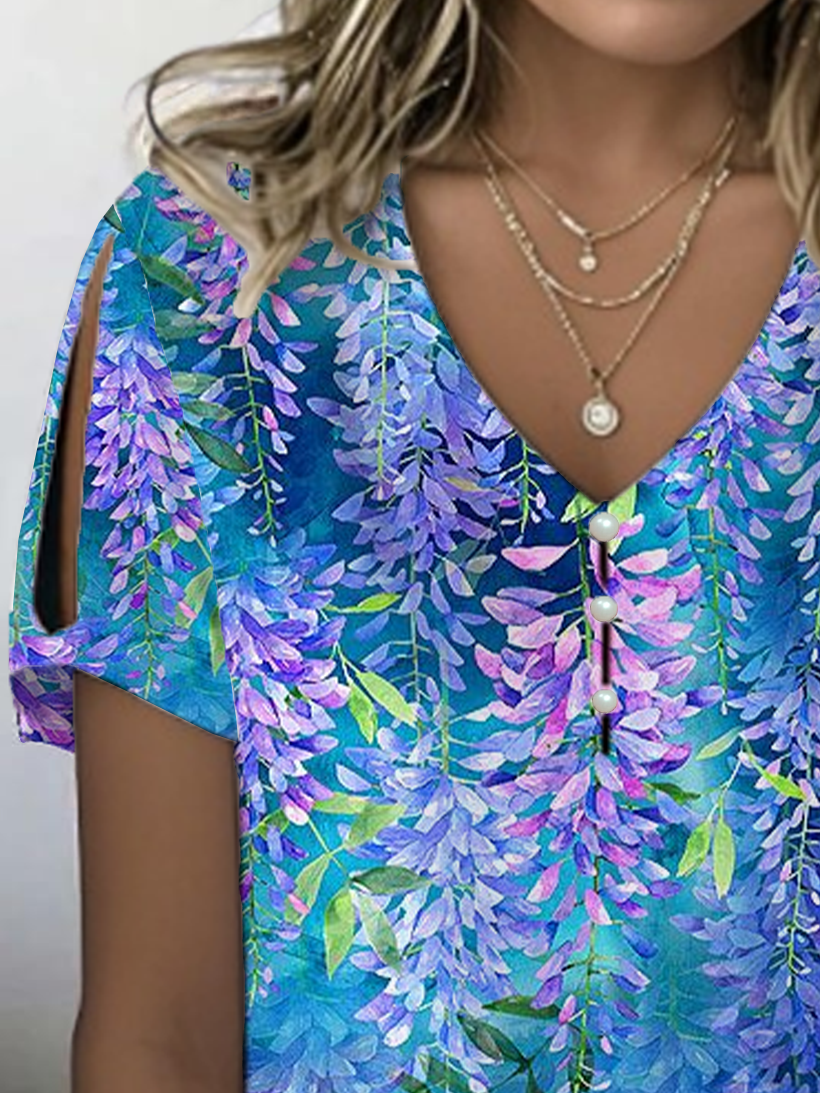 Women's Floral Print Pearl Button V-Neck Short Sleeve T-Shirt
