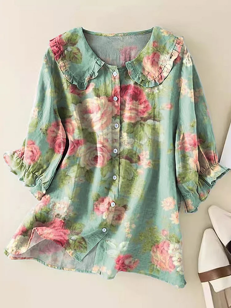 Women's Floral Print Casual Peter Pan Collar Shirt