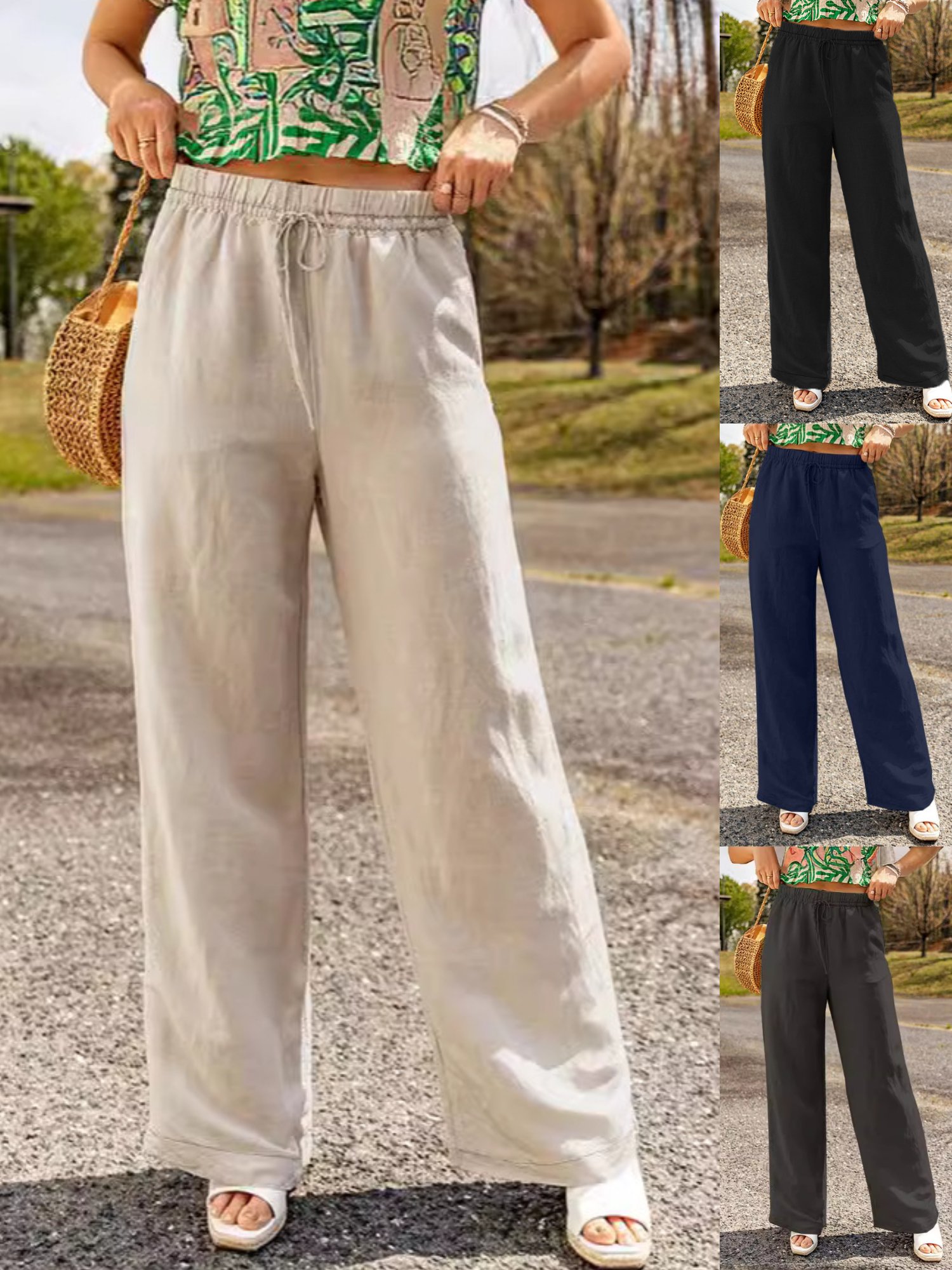 Women's Harem Pants Daily Outing Pants Pocket Elastic Waist Khaki Casual Solid Color Wide Leg Cotton Linen Loose Pants