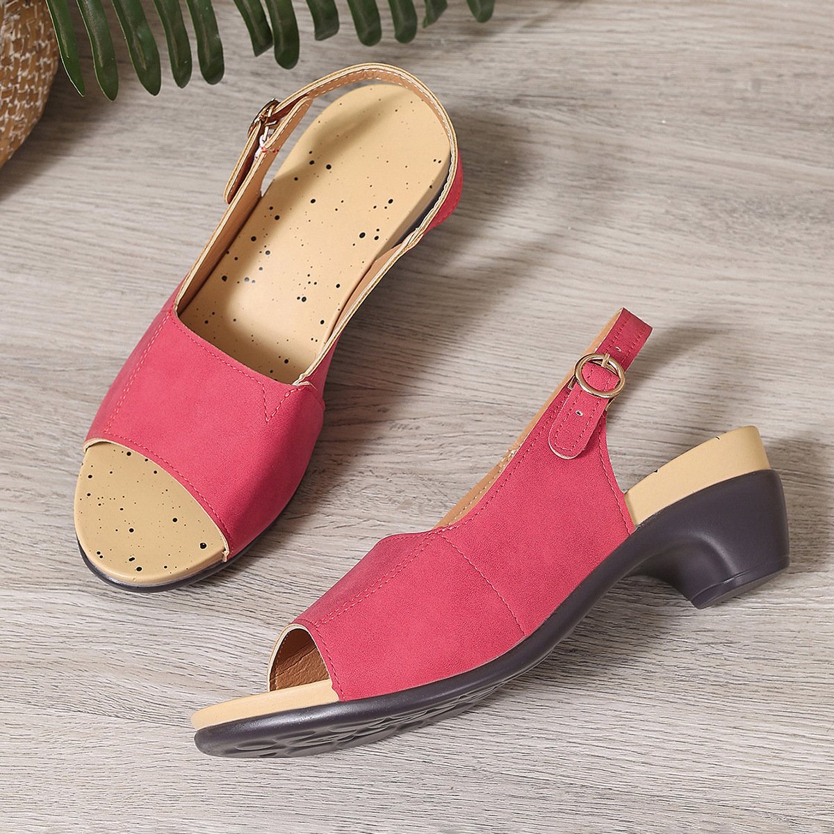 Spring and summer new fish mouth beach thick heel one word buckle simple thick heel high heel women's sandals
