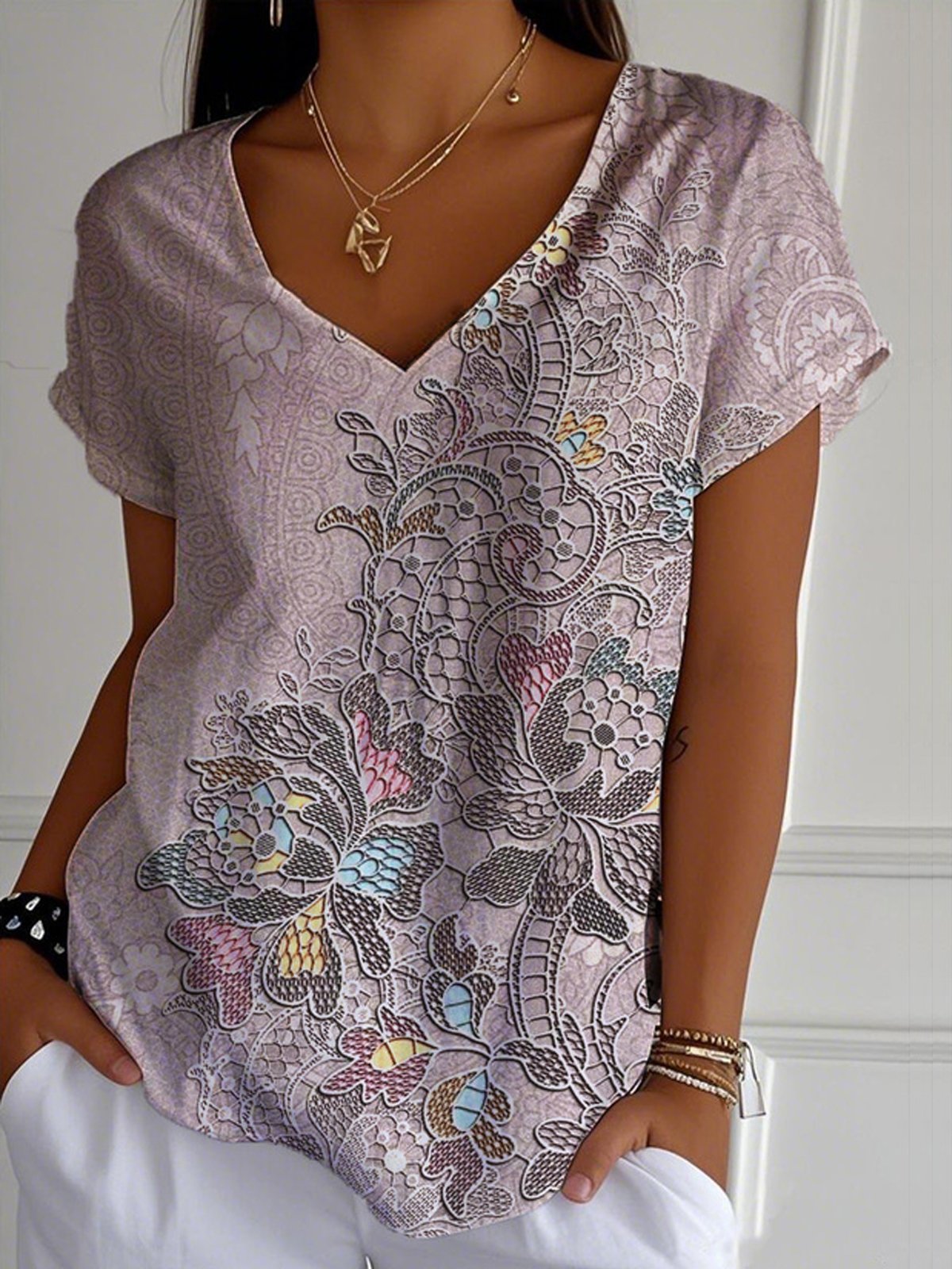 Jersey Paisley V Neck Casual T-Shirt