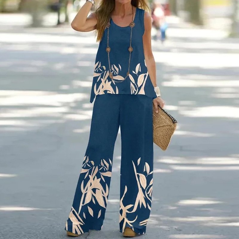 Women's Plain Daily Going Out Two-Piece Set Blue Casual Summer Top With Pants Matching Set