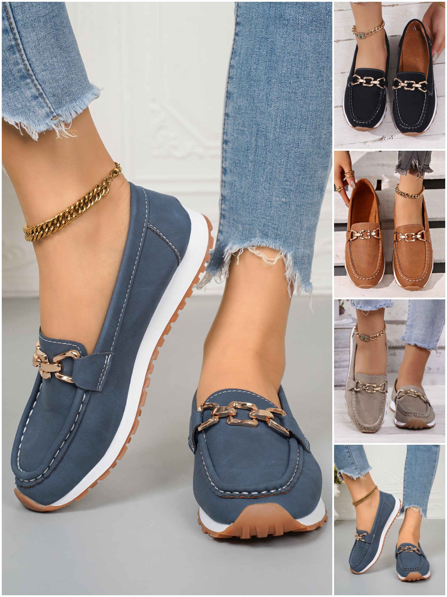 Ladies New Style Metal Chain Flat Thick Sole Casual Loafers Flat Shoes