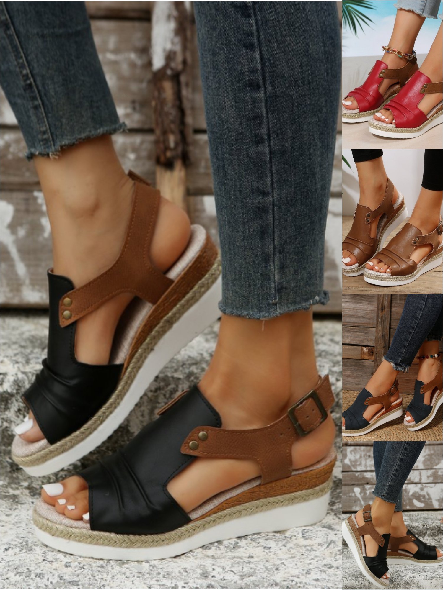Casual Color Block Summer Pu Wedge Sandal