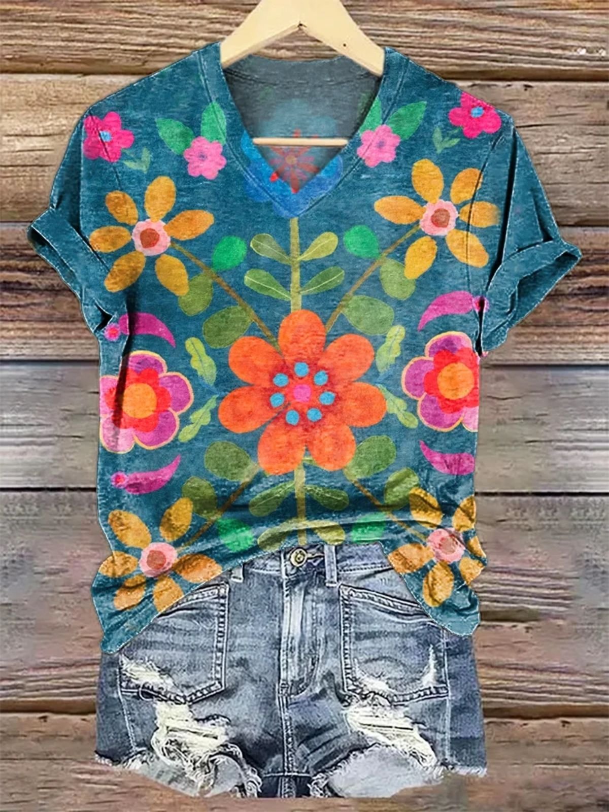 Casual Floral V Neck T-Shirt
