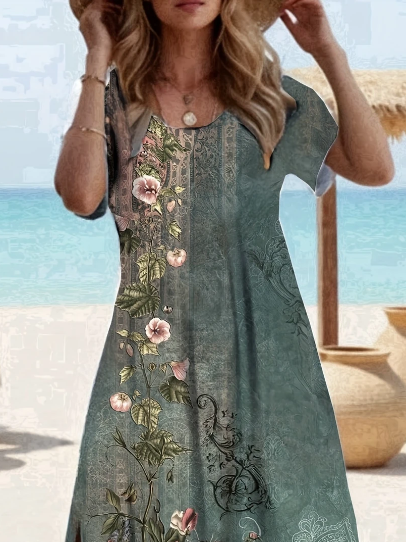 Women's Floral Print Casual Round Neck Short Sleeve Slit Dress