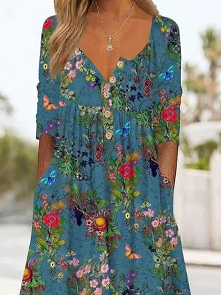 Women's Floral Print Casual Button Dress