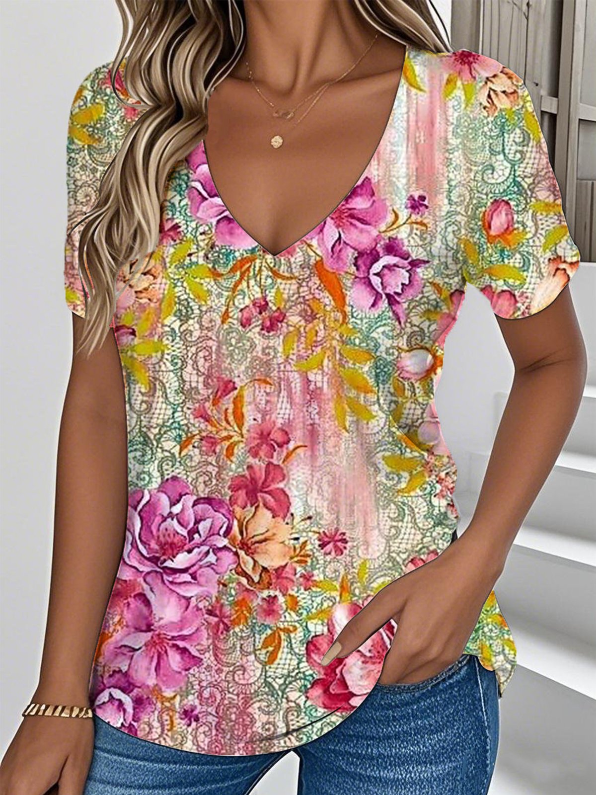 V Neck Loose Ethnic Botanical Pattern T-Shirt