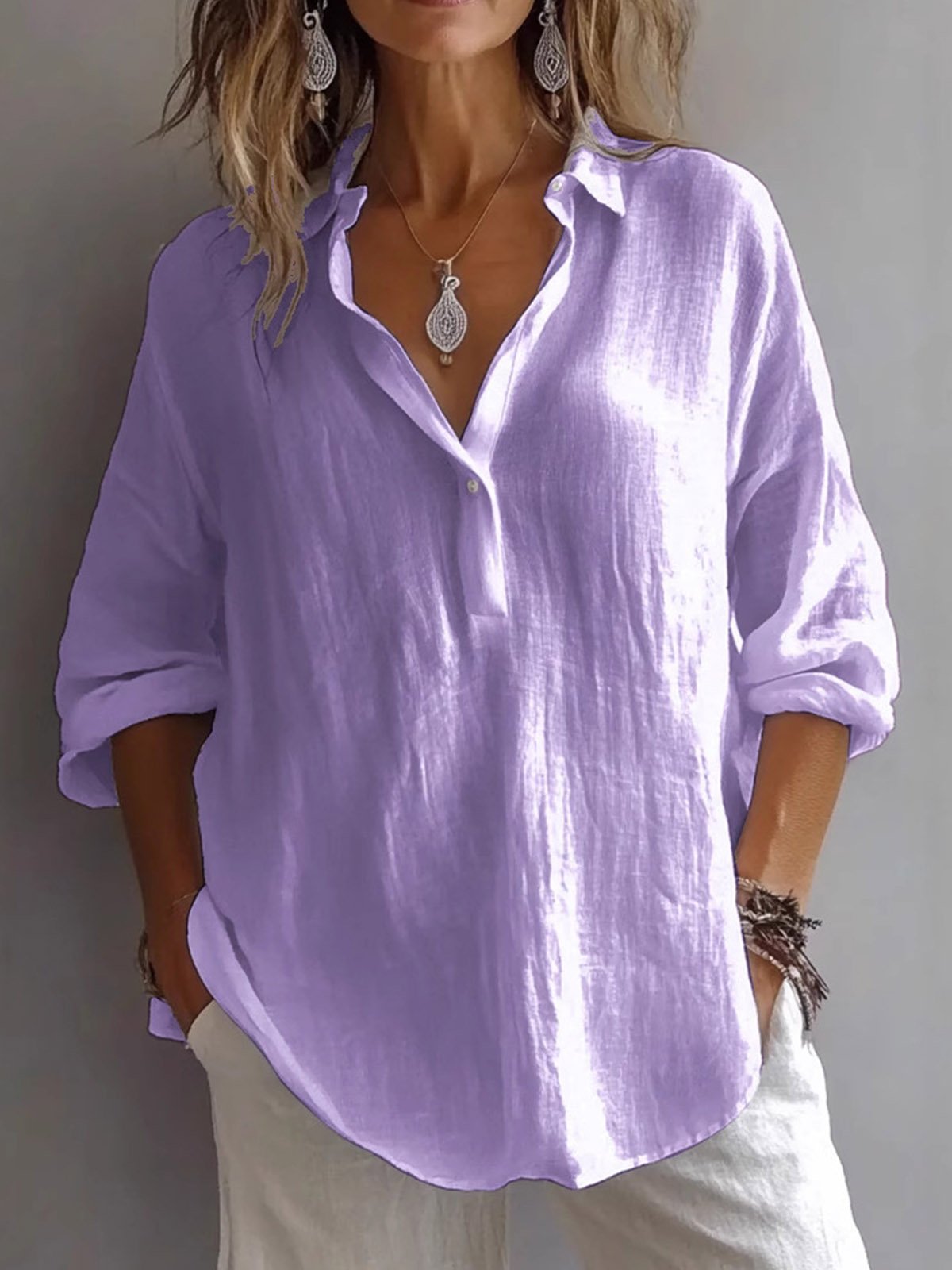 Casual Plain V Neck Blouse