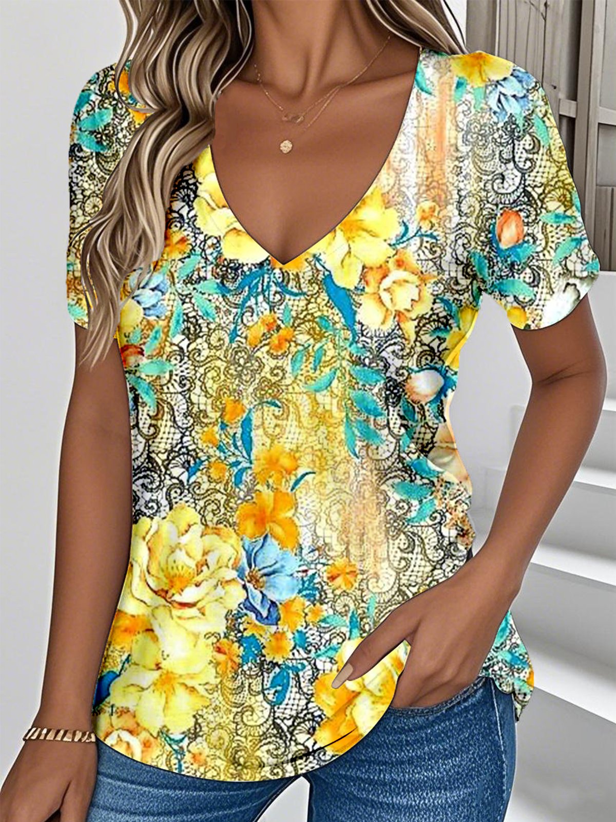 V Neck Loose Ethnic Botanical Pattern T-Shirt