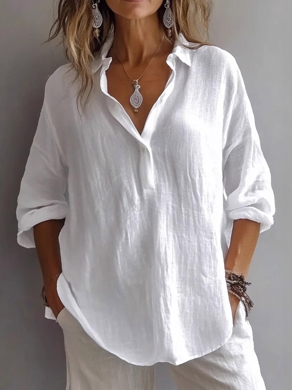 Casual Plain V Neck Blouse
