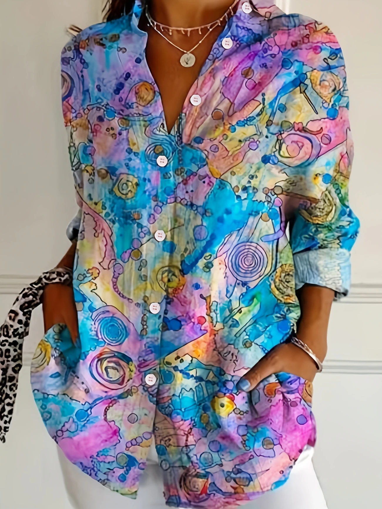 Women's Long Sleeve Shirt Spring/Fall As Picture Abstract Buckle Shirt Collar Daily Going Out Casual Top