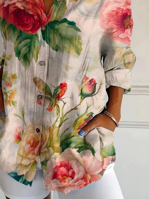 Women's Long Sleeve Shirt Spring/Fall As Picture Floral Buckle Shirt Collar Daily Going Out Casual Top