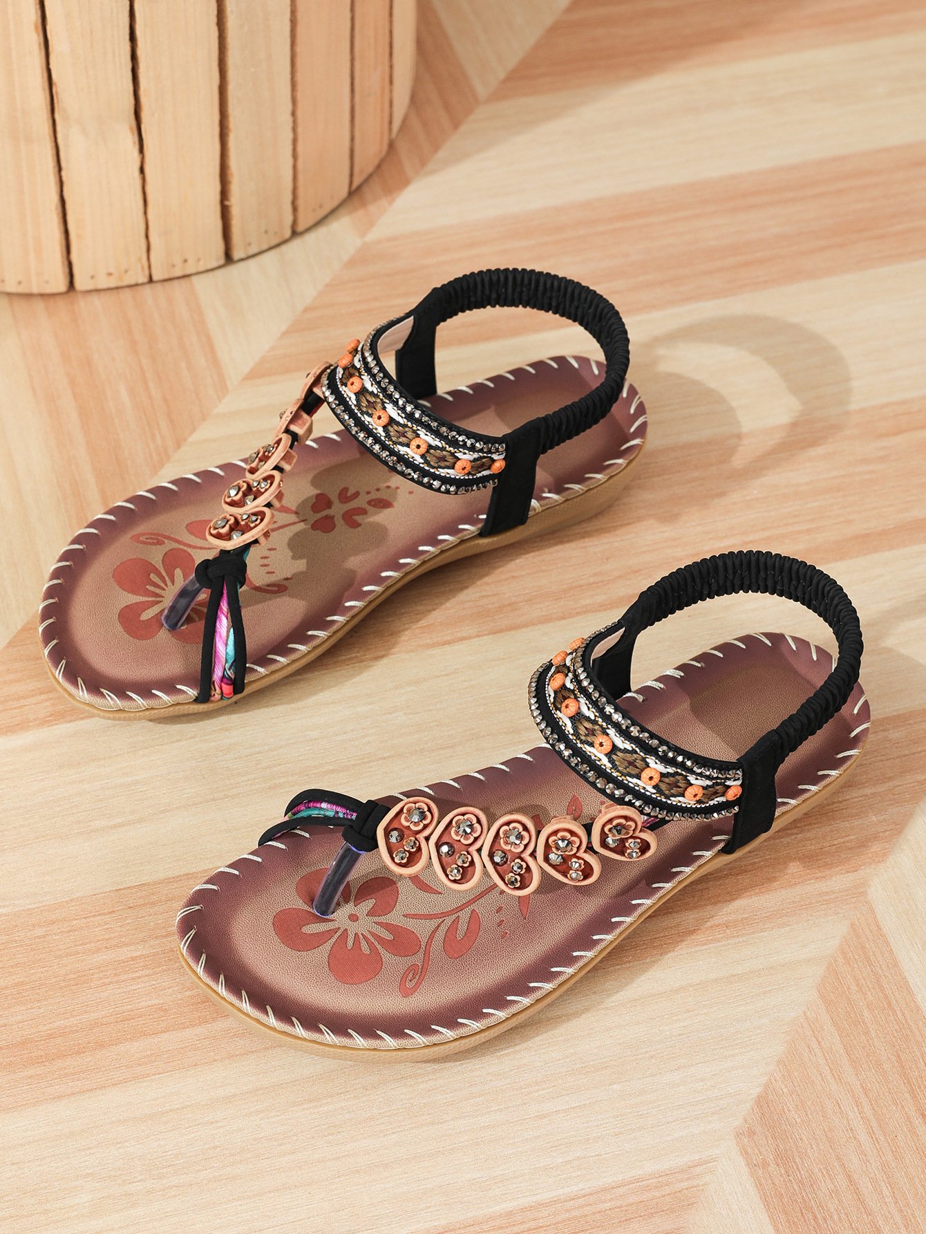 Bohemian Ethnic Style Women's Shoes Summer Fashion Beach Flat Sandals Beaded Diamond Flip Flops Sandals