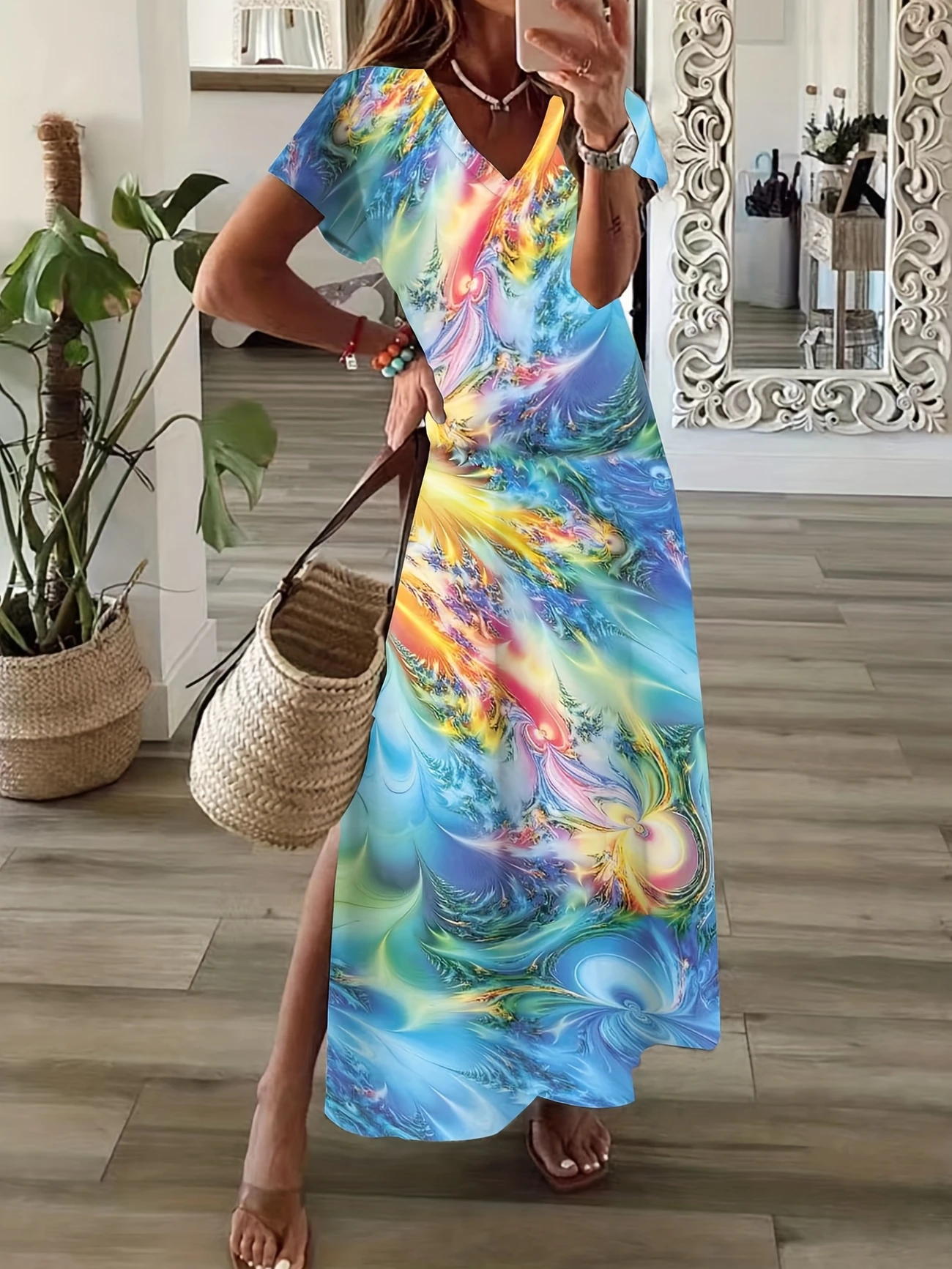 Women's Abstract Print Casual V-Neck Short Sleeve Dress