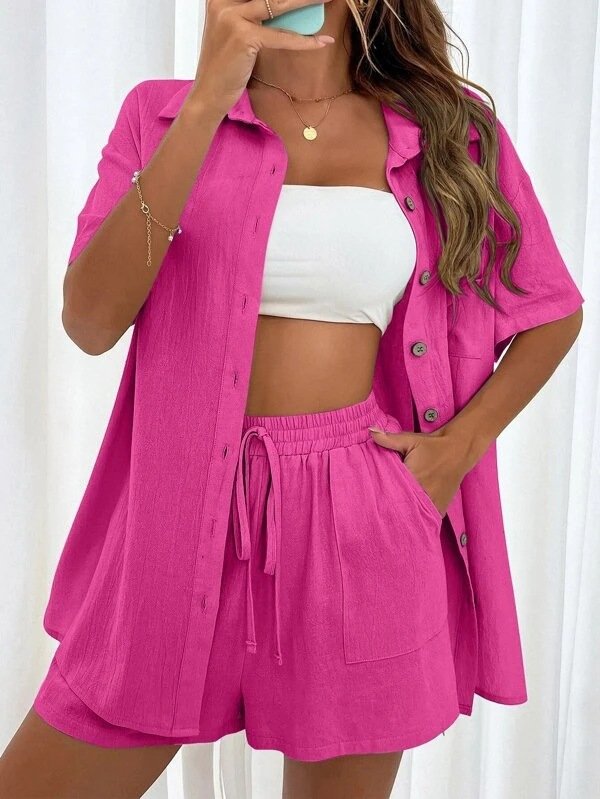 Women's Split Joint Plain Daily Going Out Two-Piece Set Pink Casual Summer Top With Pants Matching Set