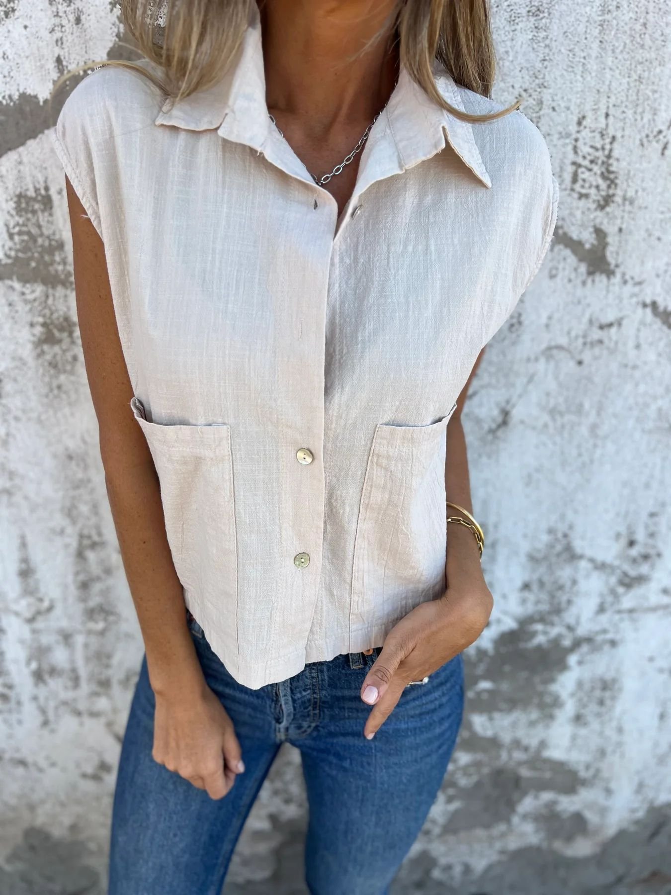 Women's Short Sleeve Shirt Summer Khaki Plain Buckle Cotton Shawl Collar Daily Going Out Casual Top