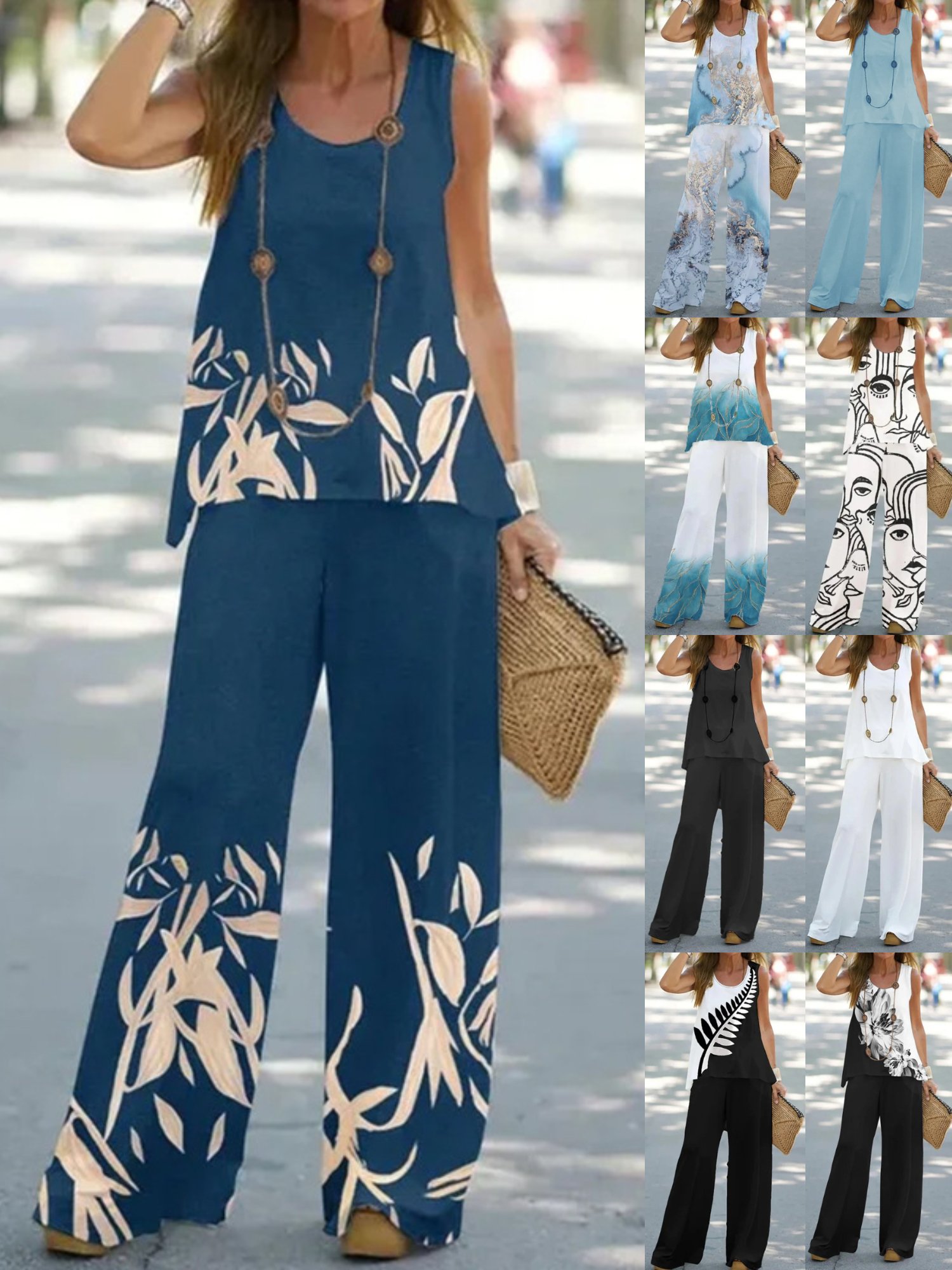 Women's Plain Daily Going Out Two-Piece Set Blue Casual Summer Top With Pants Matching Set