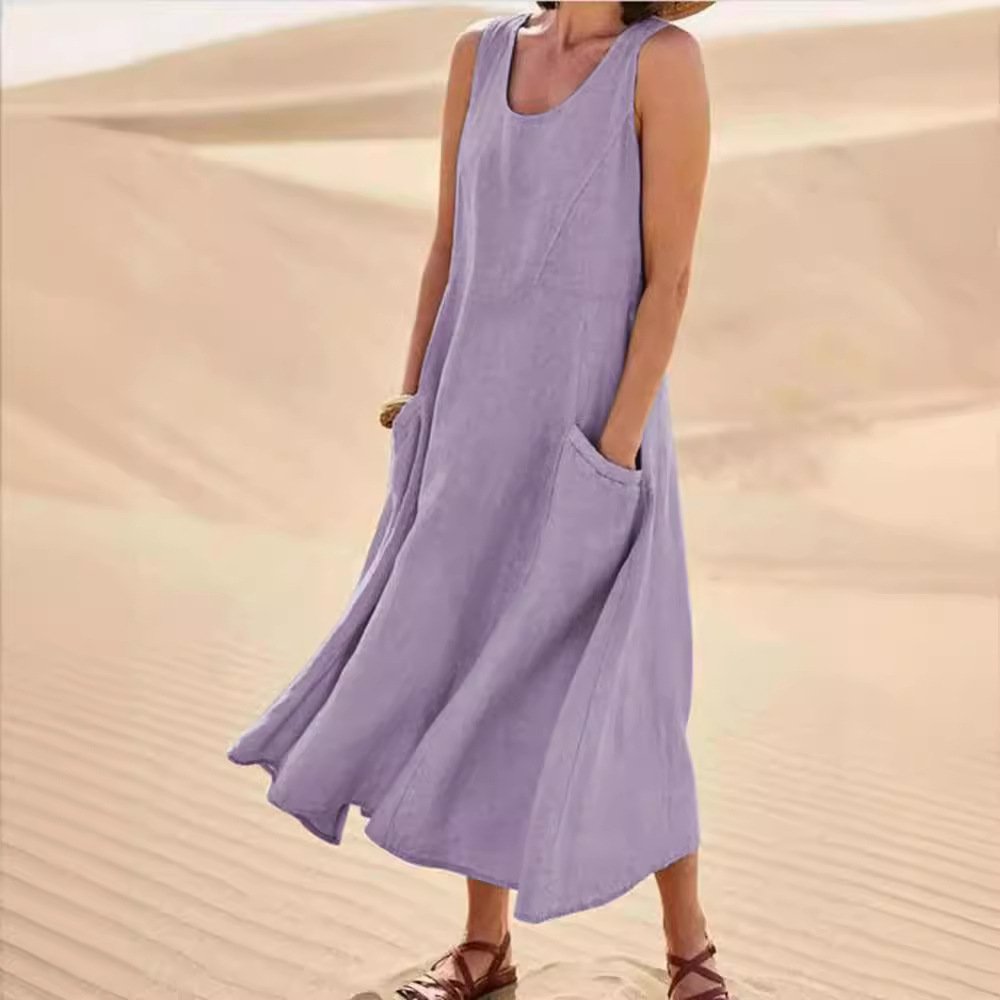 Women's Sleeveless Summer White Plain Split Joint Crew Neck Daily Going Out Casual Maxi A-Line Fit & Flare Dress Dress